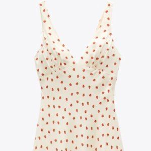 Zara Strawberry Printed Ivory Satin Mini Dress